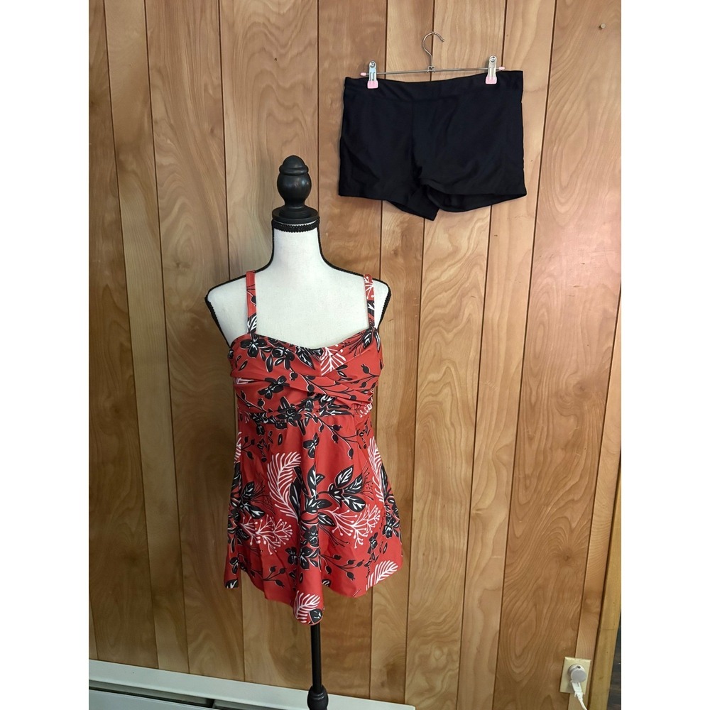 Floral Tankini Swim Dress Set with Black Boy Shorts Red XL Tropical Swimwear